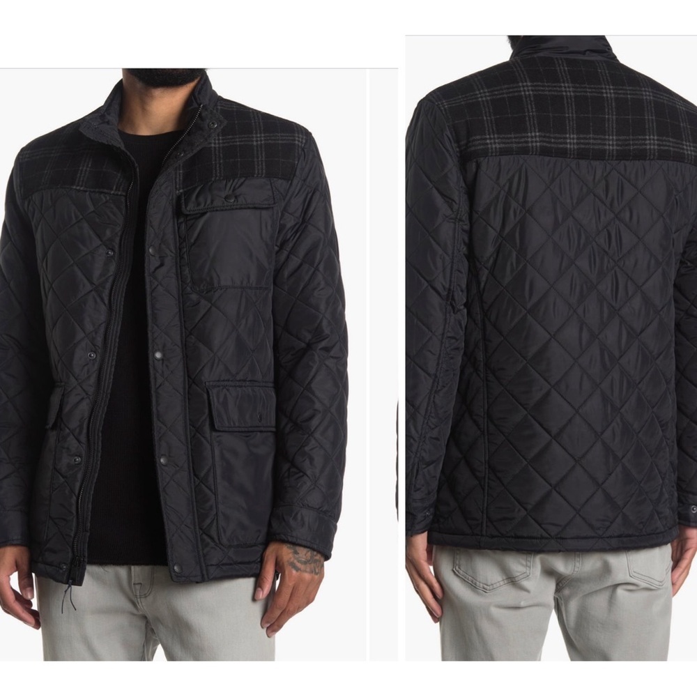 Cole Haan Black Quilted Puffer Jacket with Plaid Yoke